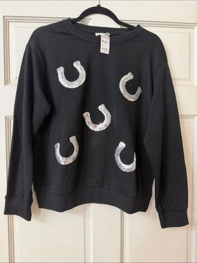 Main Strip Black Sweatshirt with Silver Sequin Horseshoes